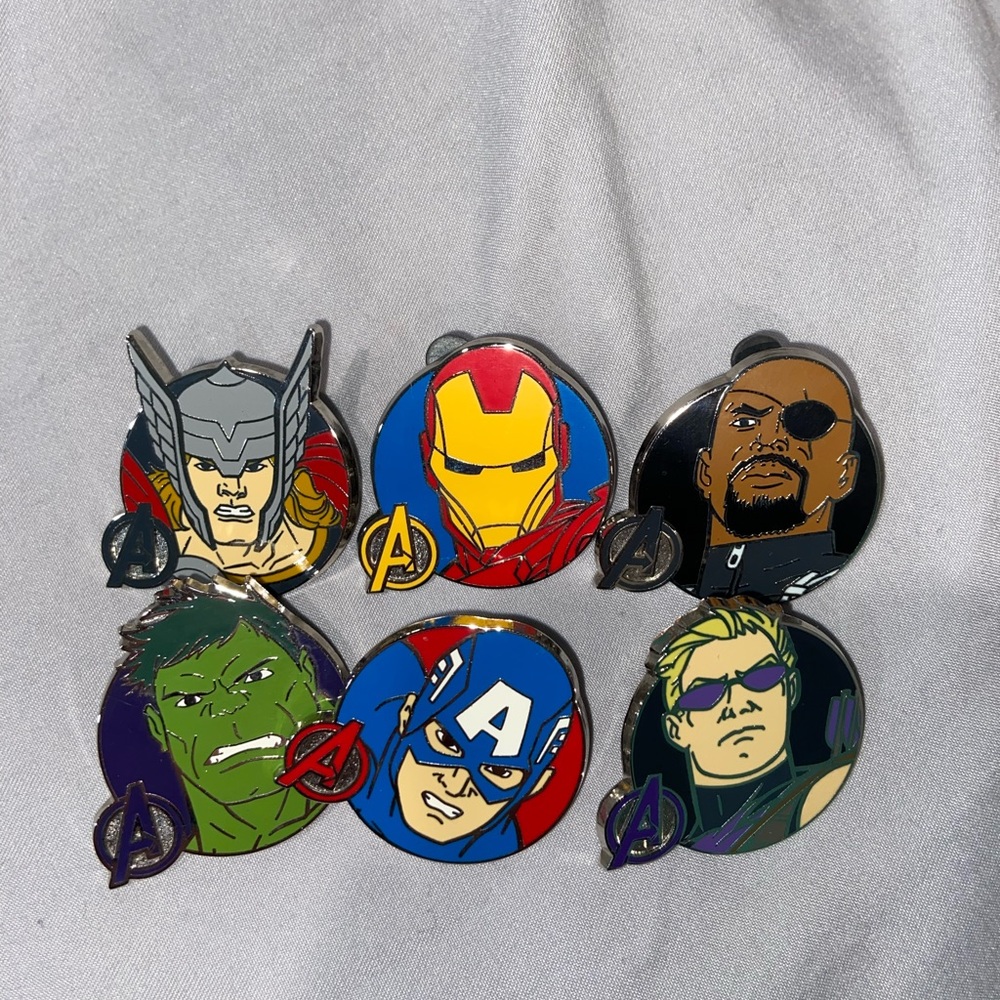 Marvel Avengers Pins (Thor, Iron Man, Nick Fury, Hulk, Captain America, Hawkeye)